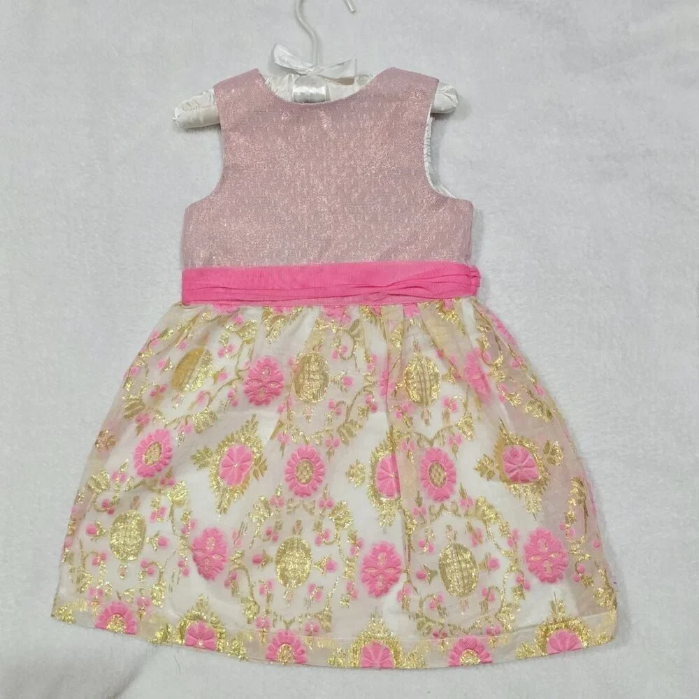 Truly Scrumptious Girls Pink Gold Floral Shimmer Bow Back Party Dress NWT 24M